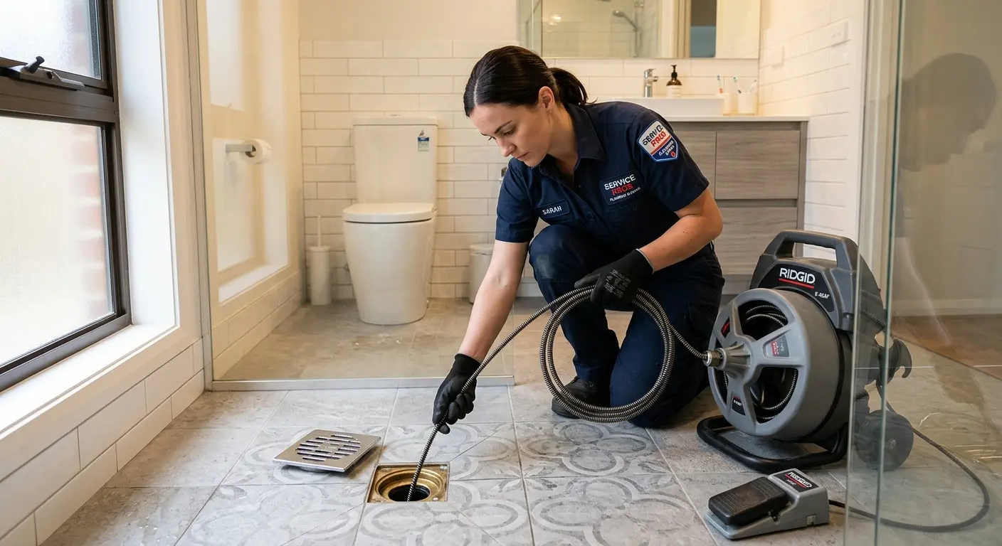 Technician clearing a bathroom floor drain for Hydro Jetting in Sauk Rapids